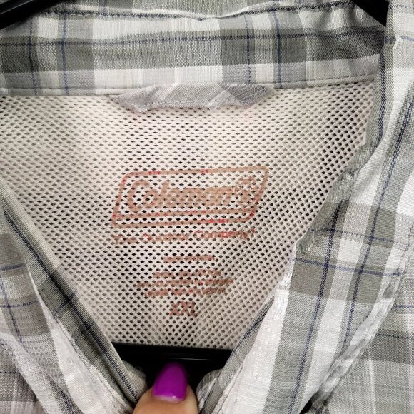 Coleman Mens Plaid Short Sleeve Button-Up Shirt XXL Gray White Vented Fishing - Picture 3 of 10